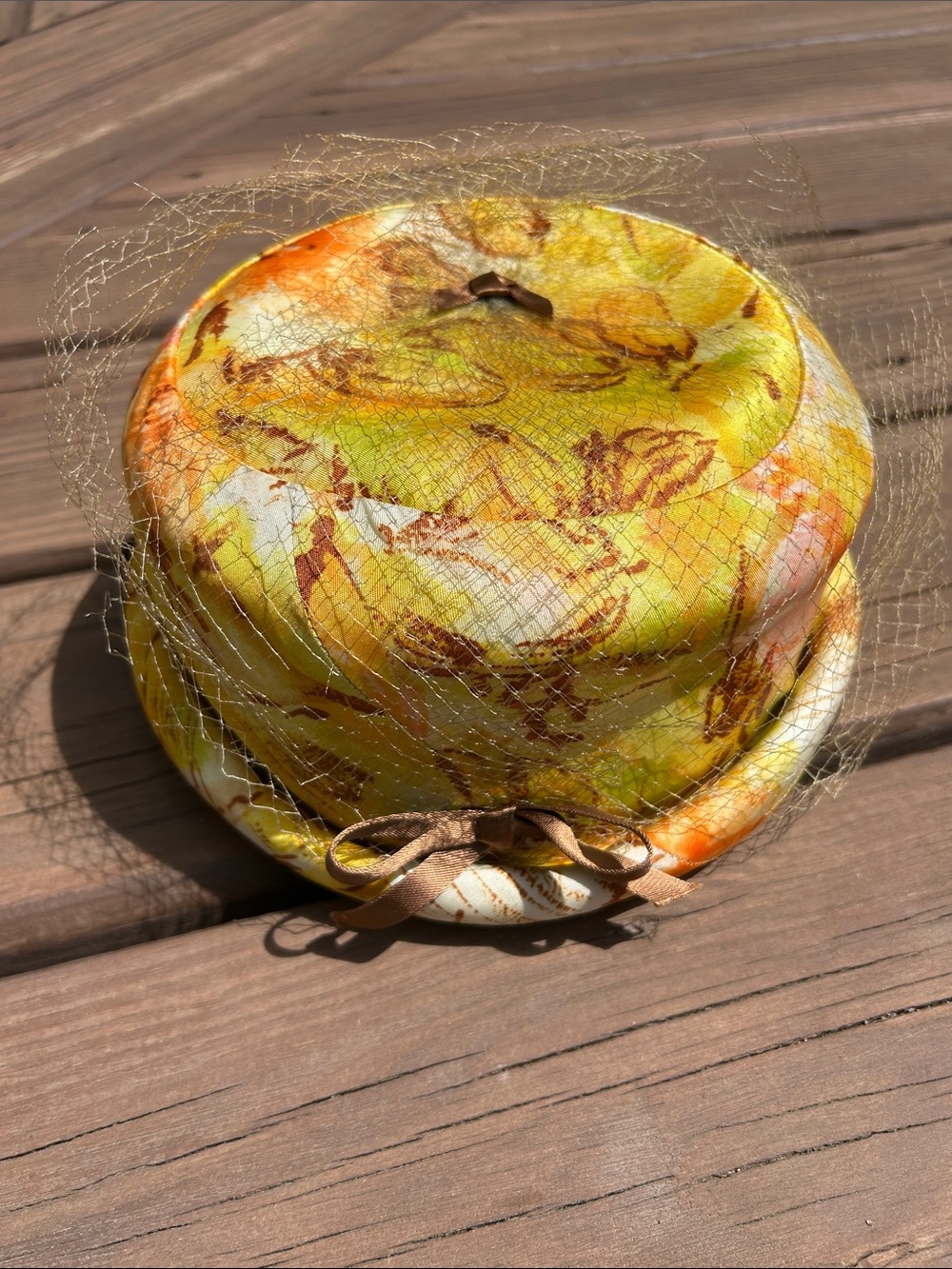 Vintage Floral Pillbox Hat with Veil - Yellow & Orange